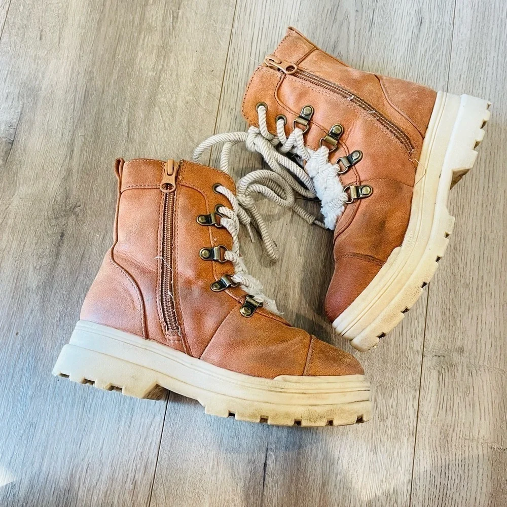 Art Class Girl’s Willa Zipper Lace-Up Combat Shearling Brown Faux Suede Boots 13